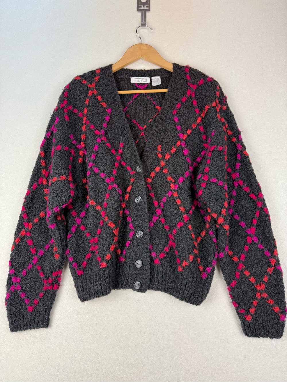 Chunky Knit Dark Liz Claiborne Hand-knit Cardigan Lambswool Blend Size Large